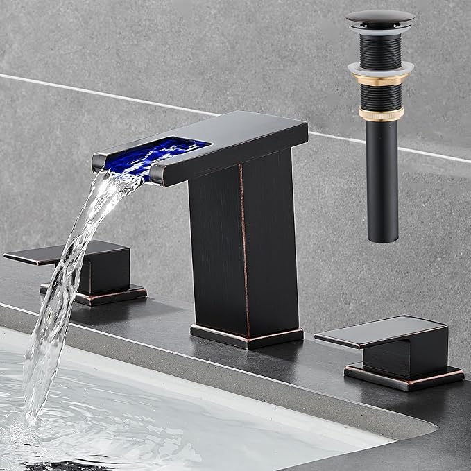 LED Bathroom Faucet 3 Hole, Oil Rubbed Bronze Waterfall Bathroom Faucets, 8 Inch Widespread Modern Bathroom Sink Faucet & Parts, Wide Spread Touch On Three Hole 2 Handle Bathroom Vanity Faucet