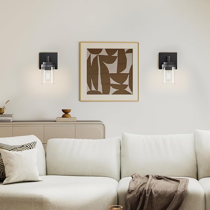 Matte Black Wall Lights, Set of 2 Wall Sconce with Clear Glass Shade, Farmhouse Sconce Lights, Wall Mount Lamp for Bedroom Mirror Living Room