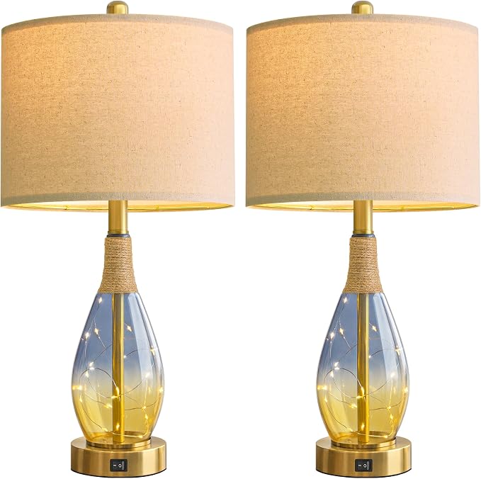 23" Table Lamps for Living Room Set of 2,Bedside Lamps for Night Stands, Rattan Lamps for Bedroom,Farmhouse Lamps with Glass Nightlight,Two Light Points