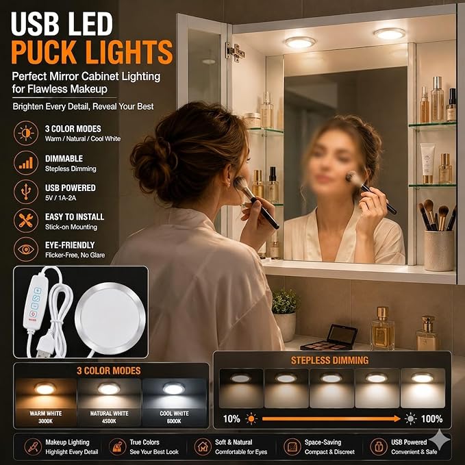 USB LED Puck Light, Dimmable 3 Color temperatures under cabinet (1Pack) | Dimmable, 3 Color Temperatures, Inline Switch, Lighting Setup Memory, Under Cabinet, USB DC 5V, 78.74in Long Cable