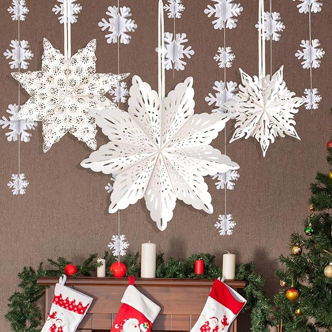 3Pcs Christmas Paper Snowflake Lanterns, Large Christmas Paper Star Lanterns with Lights & Banner White Hanging Snowflake Lamps for Xmas Winter Frozen Weddings Birthday Holiday Party Decorations