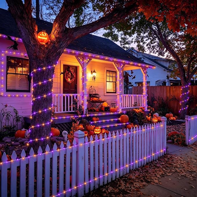 YEGUO Orange and Purple Solar Halloween Lights, 2 Packs Each 33ft 100 LED String Lights Outdoor Waterproof, 8 Modes Fairy Lights in Clear Thin Tube for Camping Fence Patio Garden Trampoline Deck