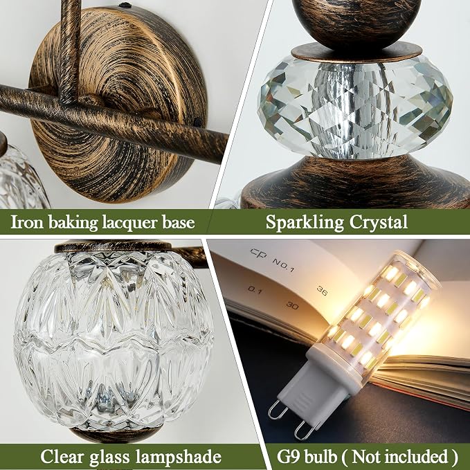 Piepooye Vintage Bathroom Light Fixtures Bronze Vanity Light with Glass Globe LampShade 3 Lights Mid Century G9 Bulb Wall Sconce Indoor Vanity Light Over Mirror for Bedroom Farmhouse Hallway