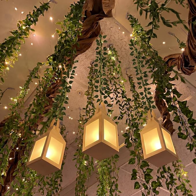 Yinder 24 Pcs Enchanted Forest Theme Decoration Set 82.68 ft Artificial Begonia Leaf Vine Paper Candle Lanterns Decor with LED String Lights for Bedroom Aesthetic Jungle Fairy Wonderland Party Favor