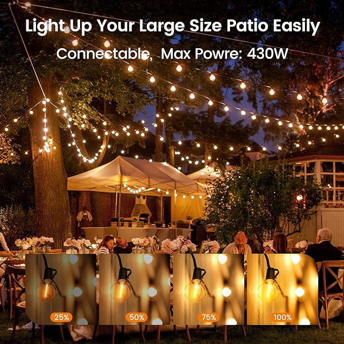 OHLUX Outdoor String Lights,110FT Dimmable Patio Lights with 58 G40 Shatterproof 2200K LED Bulbs(2 Spare),Waterproof Hanging Lights String for Outside Backyard,Cafe,Porch,Deck,Porch(110FT*1strand)