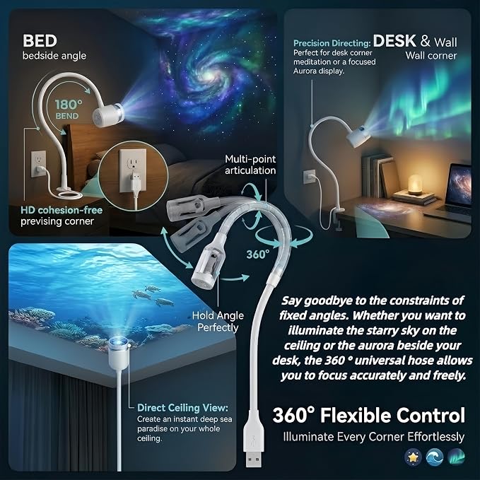 2026 Upgraded 5D Holographic Galaxy Ocean Projector, 2-in-1 Night Light Projector with 24 Films, 360° Flexible Gooseneck Touch Control Dimmable USB Plug & Play Star Lamp for Bedroom (6, Multicolor)