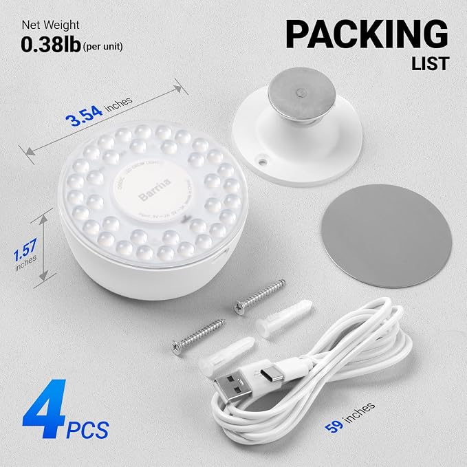 Barrina Orbgrow OG03C Rechargeable Puck Grow Light, 5000K, 4 Packs, White | Cordless Full Spectrum Plant Light for Indoor Plants, Magnetic & Touch Switch with Timer, Small Grow Lamp for Plant Shelf