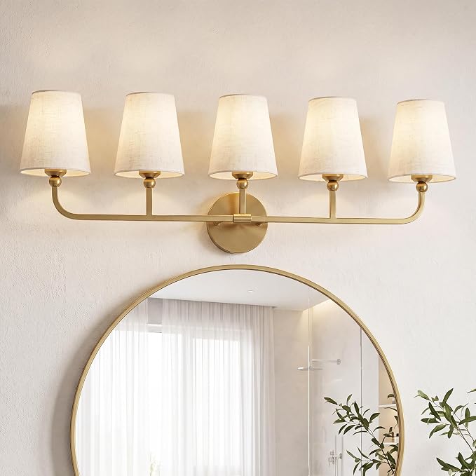 5-Light Brushed Gold Bathroom Vanity Light with Linen Fabric Shade | 35 Inch gold bathroom light fixture over mirror, UL listed, E26 bulbs, hardwired, upward only, VL837-BG-A-5