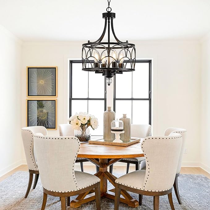 4 Light Chandelier, Black Farmhouse Light Chandelier Fixture, Industrial Adjustable Ceiling Lighting E12 Base for Kitchen Island, Bedroom, Entrance, Dining Room, Indoor