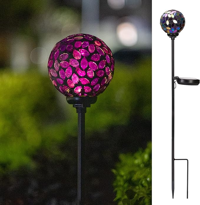 VCUTEKA Decorative Solar Garden Lights, 3.5" Mosaic Globe Outdoor Stake | Mosaic Glass Globe Design, Solar LED Light, Waterproof Design, Auto On/Off and Metal Stake Design for Lawn and Patio