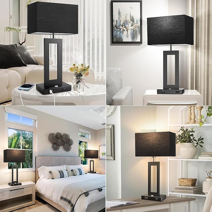 3 Color Temperatures Black Table Lamps for Bedrooms Set of 2, 22’’ Touch Control Bedside Nightstand Lamps with 2 USB Ports & AC Outlet, Modern Lamp Sets for Living Room, Stepless Dimming, Black Shade