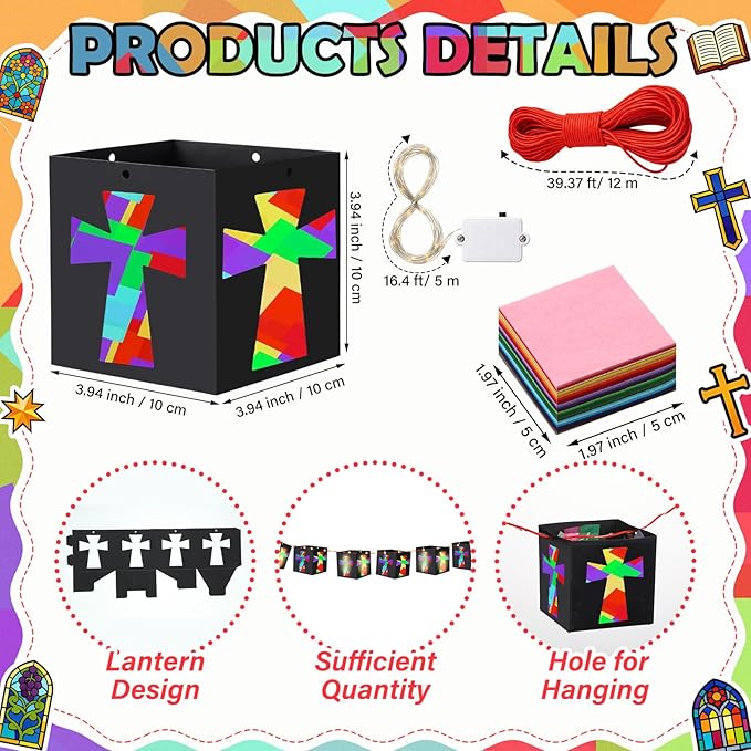 VIHOSE 24 Sets Easter Religious Cross Craft Christian DIY Hanging Lantern Tissue Paper Crafts Included Light String Make Your Own Paper Lantern Decorations for Church Sunday School VBS Activities