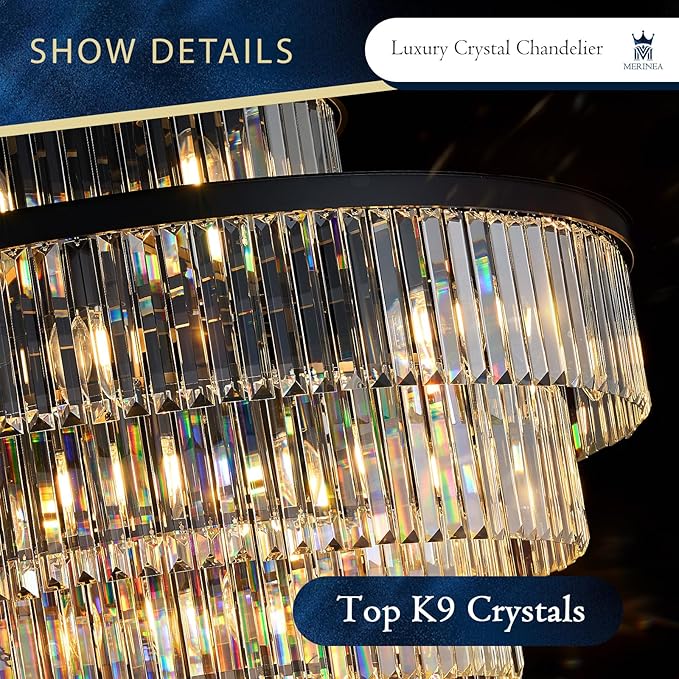 Large 40" Black Crystal Chandelier 28 Lights Modern Round Chandeliers for Staircase Luxury 7-Tier K9 Crystal Ceiling Pendant Light Fixture for High Ceiling Living Room Foyer