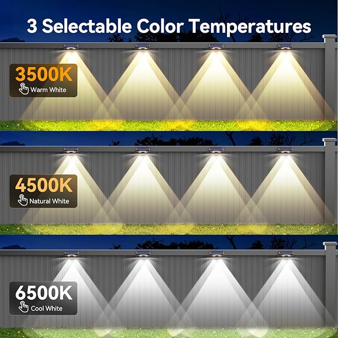 TECKNET Solar Fence Lights Outdoor 6 Pack, 3 Modes 3500K/4500K/6500K, IP66 Waterproof LED Deck Light, Dusk to Dawn Fence Lights Solar for Wall, Railing, Step, Patio, Pool, Backyard, Outside