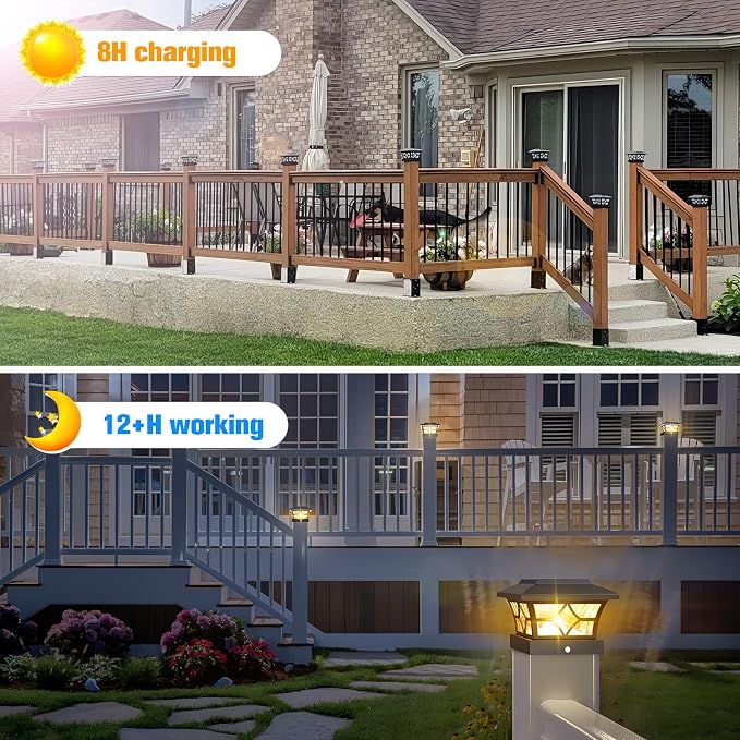 VOLISUN Solar Post Cap Lights Outdoor, Solar Powered Fence Cap Lights for 4x4 Vinyl/Wood, Black Waterproof Solar Deck Post Light 8Pack Cool/Warm for Garden Patio Porch | Solar powered waterproof deck lights fit 4x4 wooden & vinyl posts, ideal for garde...