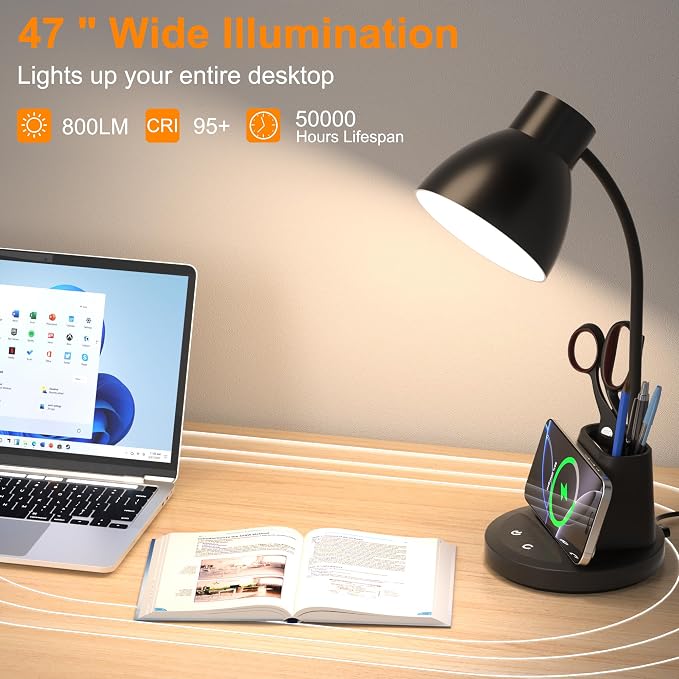 10W Wireless Charging LED Desk Lamp with Pen Holder, CRI 95, Black | 800LM, 3 Modes, 360°Flexible Arm, Touch, Brightness, Table Lamp for Home Office, Dorm, Bedside, Study, Reading, with Adapter