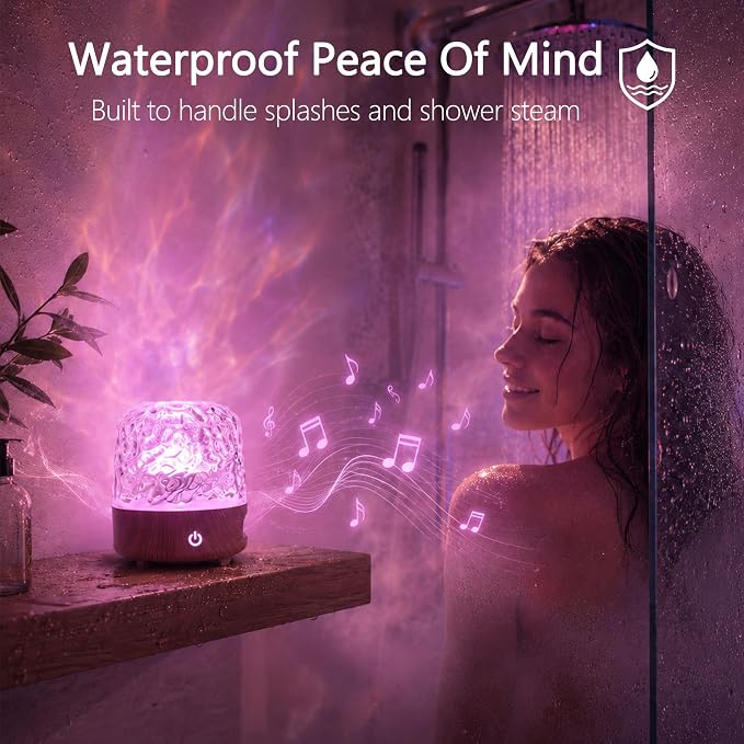 Waterproof Shower Light with Bluetooth Speaker, 16 Colors Shower Lamp with Remote & Touch Control, Rechargeable Ocean Wave Projector Light No Wiring, Mood Lighting for Inside Shower, Bathroom, Bathtub