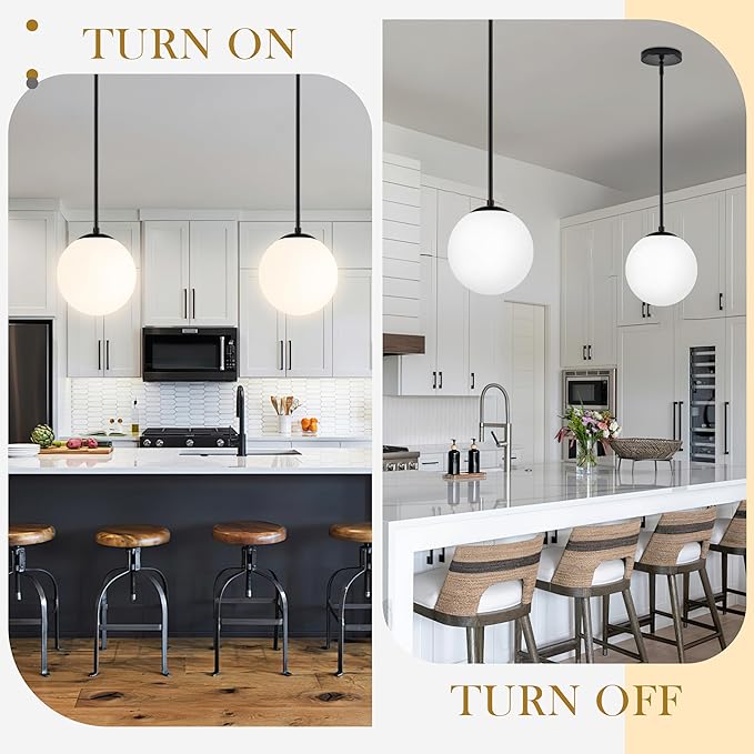 10" Globe Pendant Light Black 2 Pack Mid Century Pendant Light Globe Pendant Lights Kitchen Island Matte Black Finished with Milk Glass Adjustable Ceiling Light Fixtures for Dining Room Bar