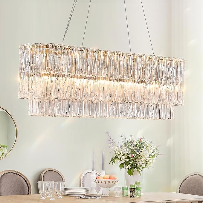Gold Rectangle Chandeliers for Dining Room Modern Island Light Crystal Glass 6-Light Chandelier Rectangular Linear Pendant Hanging Ceiling Light Fixture for Kitchen L35.5”