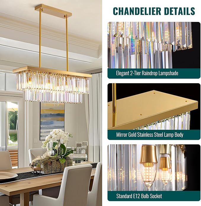 Siljoy Rectangular Gold Crystal Chandelier for Dining Room, 8-Light Modern K9 Crystal Raindrop Chandelier, Luxury Crystal Ceiling Light for Living Room Kitchen Island L31.5'' x W10'' x H10''