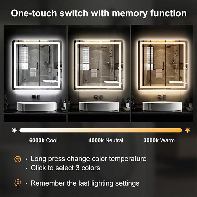 LED Bathroom Mirror with Lights, 30 x 30 Lighted Vanity Wall Mirror | Backlit and Frontlit, Anti-Fog, Dimmable 3 Colors, Shatter-Proof Tempered Glass, Memory Function, Plug-in/Hardwired