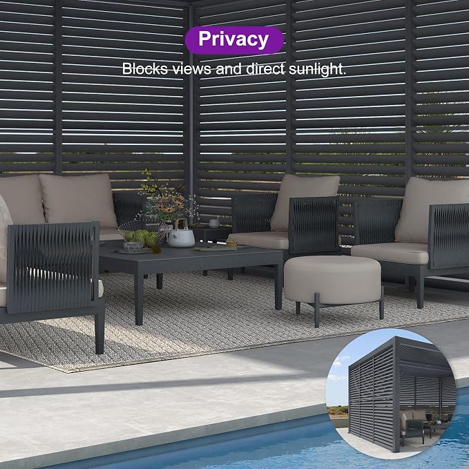 PURPLE LEAF Louvered Pergola 12' x 14' 94AS w/ 1W Side Shutter Wall Grey | Rainproof System, Two Adjustable Roofs, 53Mph Wind, Zero-Rust, Plus Privacy Shutters For Private Retreat, 4 Adjustable Roofs