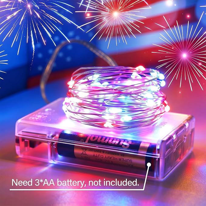Patriotic Red White and Blue Fairy String Lights Battery Operated | 2 Pack Total 100Led Timer Copper Wire Mini Lights, Battery Powered Firefly DIY for 4th of July, Labor Day Decorations