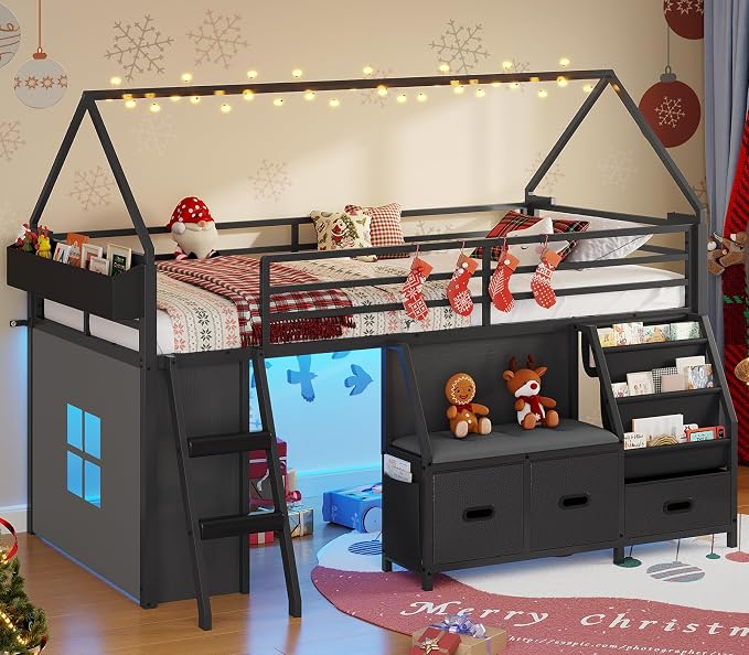 ADORNEVE Low Loft Bed Twin Size with Bookshelf, Reading Nook & 3 Drawers | Kids Loft Bed, LED, Storage Drawers, Beside Box, Under-Bed Play Space,Safety Guardrail, Inclined Ladde, Play Curtain, Black