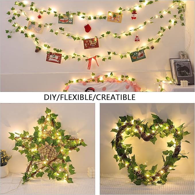 4 Pack Vines with Lights Battery Operated, 6.56ft 20 LED Vines with Fairy Light, Leaf Lights with 8 Modes, Fake Vines Ivy String Lights for Bedroom, Wall, Room, Garden, Party Decor