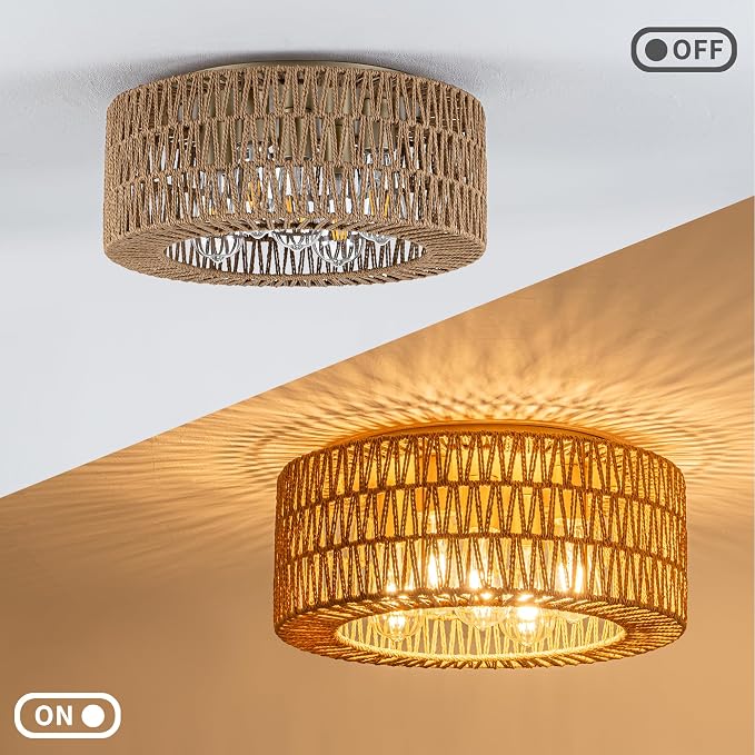 Rpzloila 18" Rattan Light Fixture, 5-Light Boho Ceiling Light, Gold Flush Mount Ceiling Light for Bedroom, Hallway, Entryway, Kitchen, Living Room
