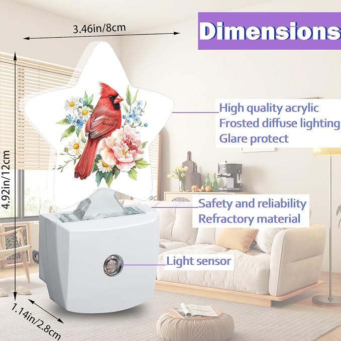 Night Lights Plug Into Wall Decorative,Red Cardinal Bird Nightlights for Kids Bedroom, Spring Flowers Energy Efficient Dusk-to-Dawn Sensor Sleep Friendly Lamp for Nursery Bathroom