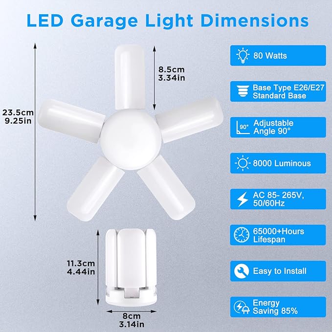 LED Garage Lights, 80W LED Garage Ceiling Lights with 5 Deformable Panels, 8000LM LED Shop Lights for Garage E26/E27 LED Light Bulbs for Garage, Workshop, Warehouse (2 Packs)