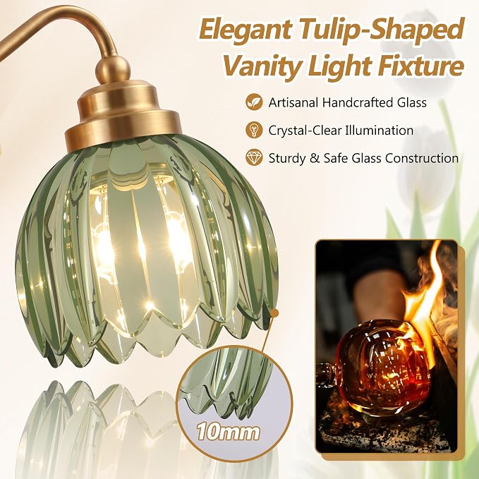 Vintage Gold Vanity Lights, 4 Light Tulip Crystal, Antique Brass Finish | Brushed Gold Bathroom Light Fixtures, Green Wall Sconce Ideal for Bedroom, Living Room, E26 Compatible, Easy Install