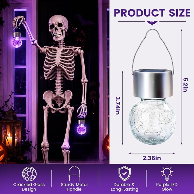 GIGALUMI Halloween Solar Lights Outdoor Solar Hanging Lanterns Outside 12PC | Purple, Halloween, Solar Powered, Waterproof, Decorative, Crackle Glass, Graden&Tree Decoration, Gifts for Women, Ornaments
