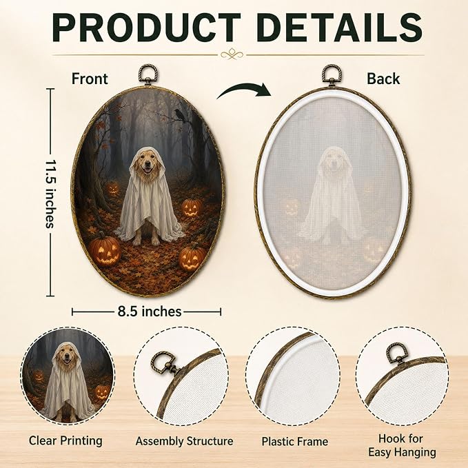 Golden Retriever Ghost Oval Wall Art, Framed Canvas Decor, 8.5x11.5 Inch | Golden retriever in ghost costume, pumpkins, misty forest and crow Halloween decor