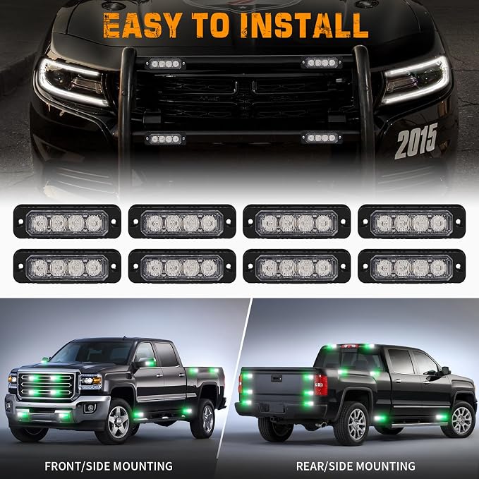 8PCS Sync Grill Strobe Lights 32 LED Green White Emergency Lights | Grille Surface Mount Warning Safety Hazard Caution Light for Tow Plow Trucks Construction Vehicles, Car, ATV, UTV, Motorcycle