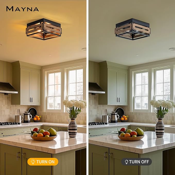 MAYNA Farmhouse Ceiling Light, 2-Light Rustic Flush Mount Ceiling Light with Metal and Wood, Farmhouse Hallway Light Fixtures for Kitchen Entryway Bedroom Dining Room
