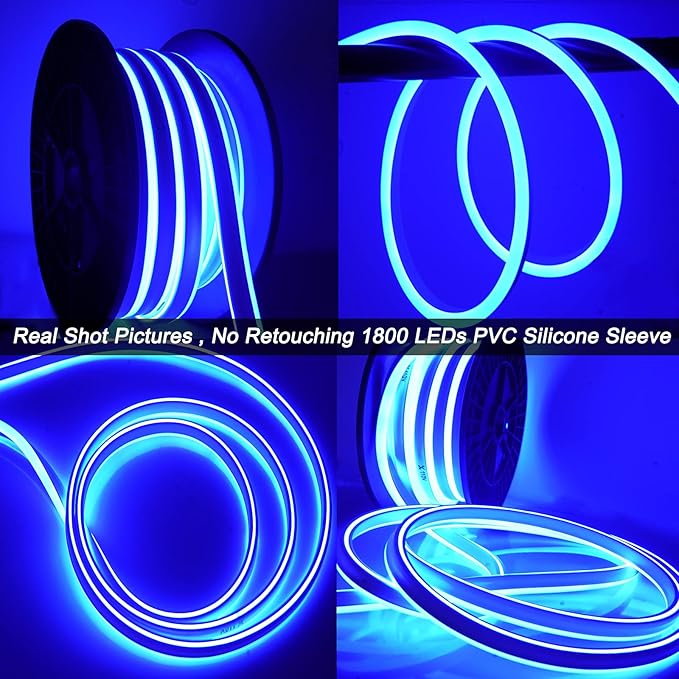 SURNIE 50ft LED Neon Rope Lights - 110V Flex Blue Neon Light Outdoor Waterproof - DIY Neon Strip Lights for Bedroom, Flexible Cuttable Connectable Indoor Outdoor, Commercial Building Use