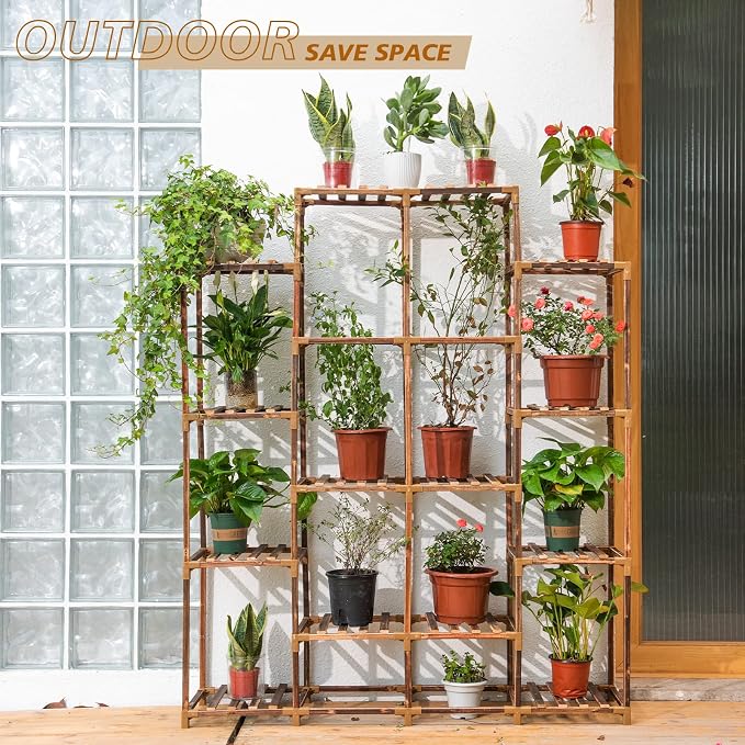 Tall Shelf for Multiple Plants Indoor Outdoor 14 Tiers 16 Pot Holder Large Rack Wood Stand Shelves for Room Corner Balcony Garden Patio