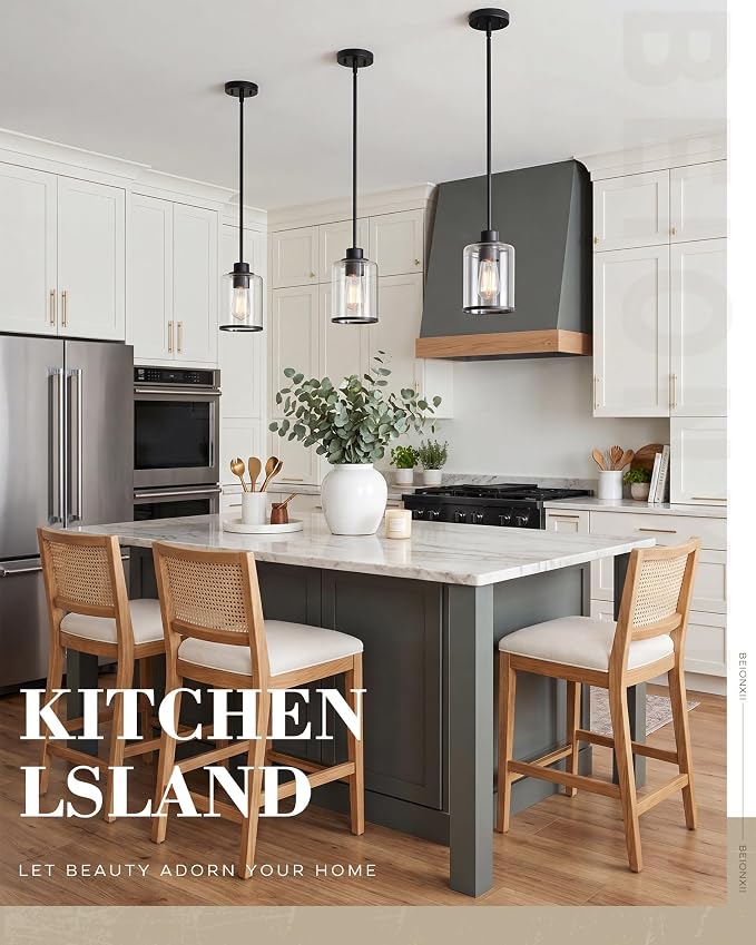 Beionxii 2 Pack Pendant Light Fixtures, Glass Pendant Lights Kitchen Island | Farmhouse Pendant Lighting,Modern Hanging Pendant Light w/Rod for Kitchen Island Dining Room Bedroom Entryway,BX-PL02MB-2CG+R