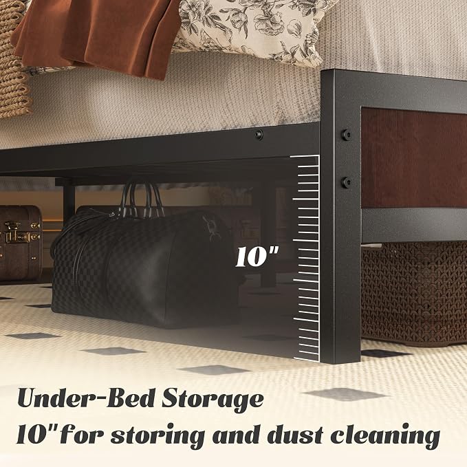 Fluest Queen Bed Frame with Headboard & Footboard, Bed Frame with Built-in Charging Station & LED Light, Storage Shelf, Noise-Free, No Box Spring Needed, Easy Assembly, Coffee Brown