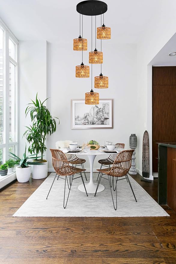 6-Light Coastal Chandelier Hand Woven Wicker Ceiling Lamp E26 Base Black Rustic Adjustable Long Staircase Hanging Lights for Farmhouse Kitchen Island, Boho Rattan Light Fixture