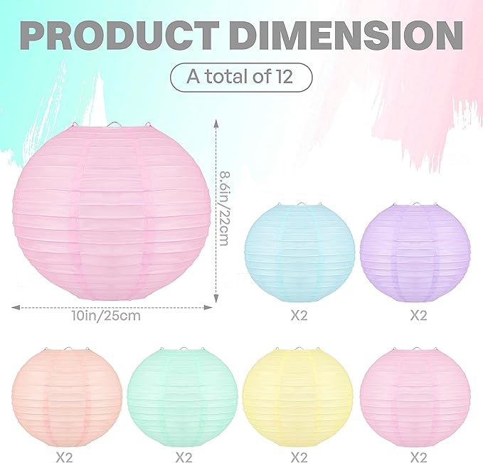 12 PCS Colorful Hanging Paper Lanterns Pastel 10 In Macaron-colored Neon Chinese Paper Lanterns Party Decorations for Classroom Baby Shower Wedding Birthday Valentine's Day (Macaron)