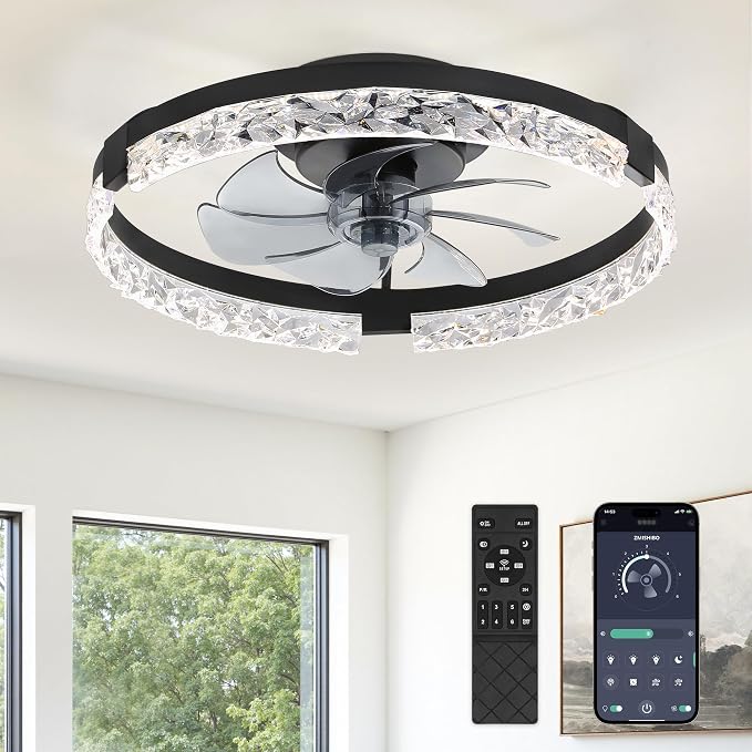 ZMISHIBO 19.7" Ceiling Fans with Lights, Low Profile Ceiling Fan and Remote, Flush Mount Ceiling Fans, Stepless Dimmable LED Light, Black Fixtures for Bedroom, Living Room | 3CCT Dimmable LED, DC Motor, Bladeless, Reversible Blade, 6 Speeds, Modern, Lo...