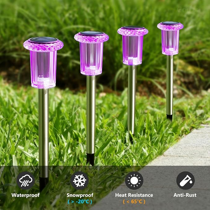 10 Pack Solar Lights Outdoor Waterproof LED Pink Pathway Lighting | Auto On/Off Stake Lights for Yard Garden Walkway Outside Driveway, Acrylic Diamond-like Lampshade, Stainless Steel Pole