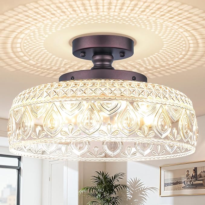 Modern 3-Light Glass Semi Flush Mount Ceiling Light Fixture Bronze | E12 Base, Dimmable, Vintage Globe Pendant Lamp for Kitchen, Hallway, Entryway, Bedroom, Living Room, Bulbs Not Included