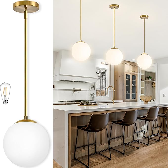 10 Inch Globe Pendant Light Gold Mid Century Pendant Light Contemporary Globe Pendant Lights Adjustable Hanging Light Fixture Milk Glass with Brass Finish for Dining Room Kitchen Island