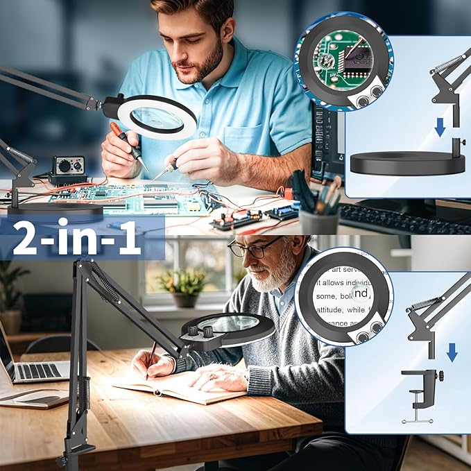 HITTI 12X & 30X Magnifying Glass with Light, New Upgrade Infinite Color and Brightness Desk Lamp & Clamp, 2-in-1 LED Lighted Magnifier Stand for Craft Reading Hobby Soldering Puzzle Close Work- Black