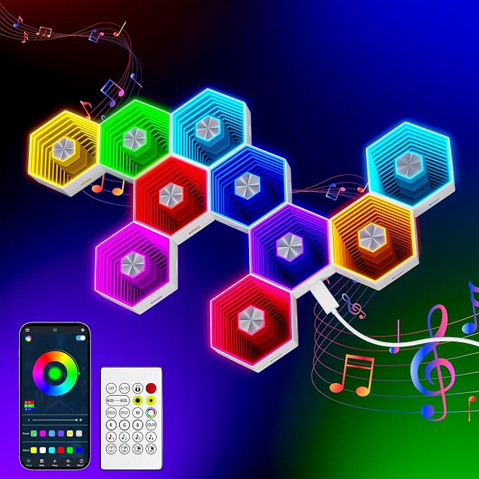 10 Pack Hexagon Led Lights, 90mm Smart Hexagon, Smart App RGB Gaming Led Light, with Remote Control & Music Sync Honeycomb Shape Hexagon Wall Lights for Bedroom, Living Room Wall