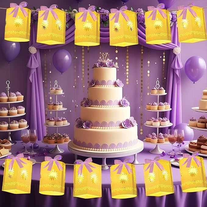 20 Pack Princess Sun Hanging Lanterns with LED Light Purple Princess Hanging Paper Lanterns DIY Set Sun Cutout Square Round Decorations for Photo Props Birthday Party (White)